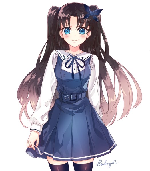 Anime picture 1400x1600 with fate (series) fate/stay night type-moon toosaka rin byulrorqual single long hair tall image looking at viewer blush fringe blue eyes simple background smile brown hair white background twintails signed long sleeves alternate costume