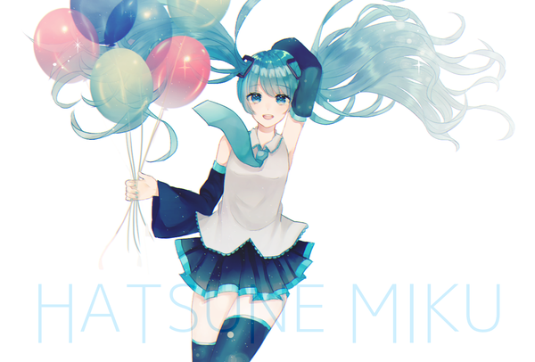 Anime picture 1365x924 with vocaloid hatsune miku suda sudachi single long hair looking at viewer fringe open mouth blue eyes simple background smile white background twintails holding pleated skirt wind aqua hair wide sleeves character names lens flare