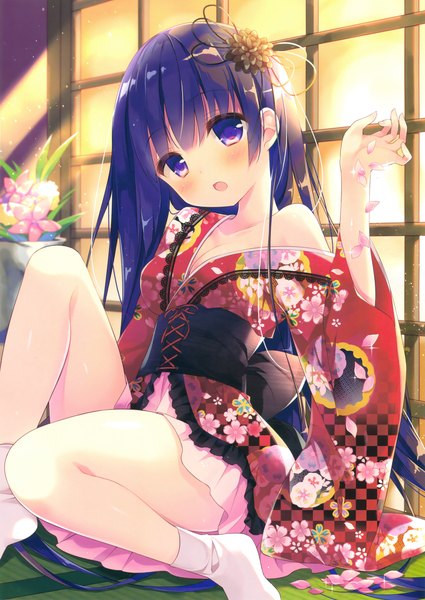Anime picture 2520x3561 with original suimya single long hair tall image blush highres open mouth light erotic black hair purple eyes traditional clothes japanese clothes scan girl hair ornament flower (flowers) socks kimono white socks