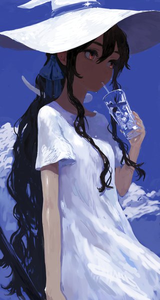 Аниме картинка 2185x4096 с оригинальное изображение tsumetai (tsurunoka) один (одна) длинные волосы высокое изображение чёлка высокое разрешение чёрные волосы волосы между глазами стоя карие глаза смотрит в сторону небо облако (облака) на улице короткие рукава затенённое лицо пьёт девушка платье