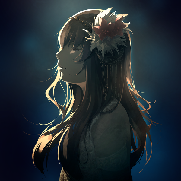 Anime picture 2000x2000 with original c.c.r single long hair highres simple background brown hair upper body eyes closed profile hair flower shadow dark background girl hair ornament flower (flowers) chain feather (feathers)