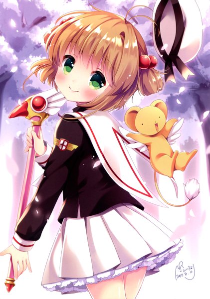 Anime-Bild 4233x6036 mit card captor sakura clamp kinomoto sakura kero (cardcaptor sakura) chihiro (khorosho) single tall image looking at viewer blush highres short hair smile brown hair green eyes signed absurdres ahoge pleated skirt scan two side up