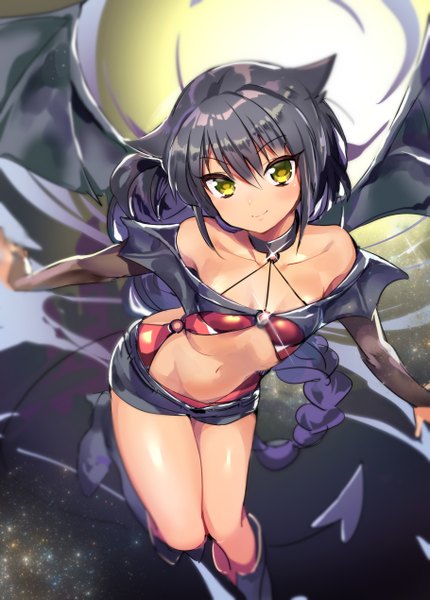 Anime picture 909x1269 with original konbu wakame single long hair tall image looking at viewer blush fringe light erotic black hair smile hair between eyes bare shoulders animal ears yellow eyes tail braid (braids) head tilt from above bare belly