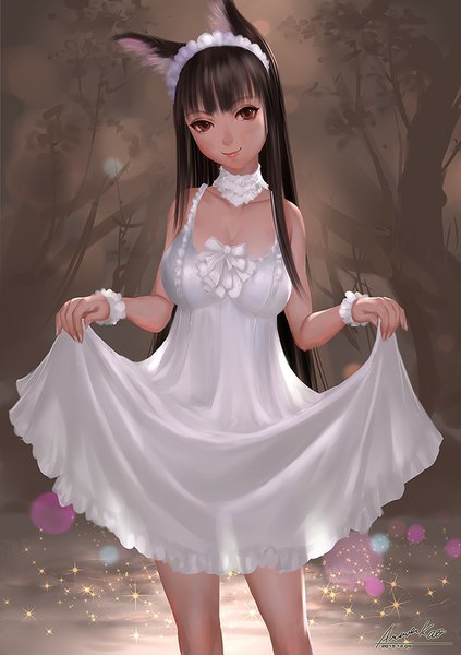 Anime picture 635x900 with original ariver kao single long hair tall image looking at viewer black hair smile brown eyes animal ears lips girl dress plant (plants) tree (trees) headdress white dress sundress