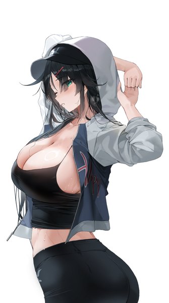 Anime-Bild 3468x6211 mit original choyeon single long hair tall image blush fringe highres light erotic black hair simple background standing white background absurdres ass parted lips one eye closed aqua eyes arms up open jacket