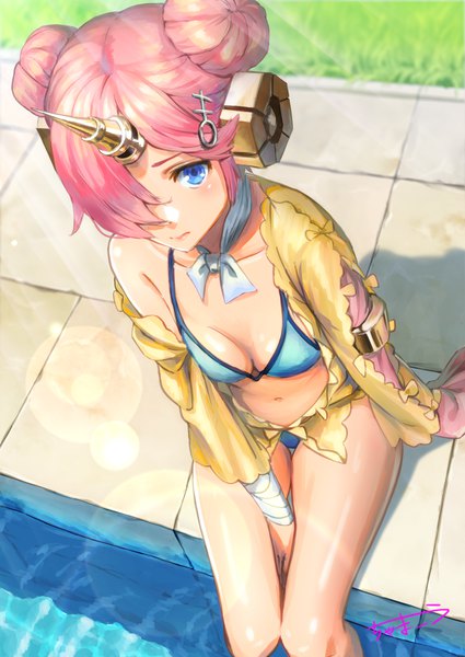 Anime picture 1417x2000 with fate (series) fate/grand order frankenstein's monster (fate) frankenstein's monster (swimsuit saber) (fate) chama kou single tall image fringe short hair breasts blue eyes light erotic sitting signed pink hair outdoors horn (horns) from above hair over one eye hair bun (hair buns)