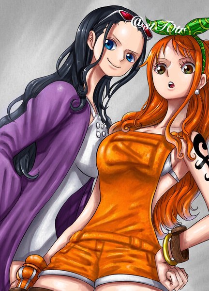 Anime picture 857x1189 with one piece one piece: stampede toei animation nami (one piece) nico robin stt0tr long hair tall image looking at viewer fringe breasts open mouth blue eyes light erotic black hair simple background smile large breasts standing bare shoulders