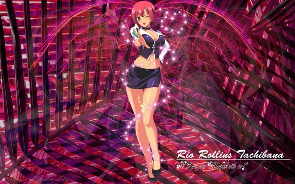 Anime picture 1920x1200 with rio rainbow gate! rio rollins highres short hair light erotic wide image green eyes red hair one eye closed wink girl miniskirt