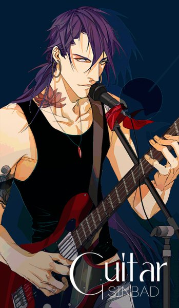 Anime picture 700x1203 with magi the labyrinth of magic a-1 pictures sinbad (magi) cp .ieng single long hair tall image standing yellow eyes looking away purple hair tattoo alternate costume sleeveless dark background alternate hairstyle casual music boy earrings