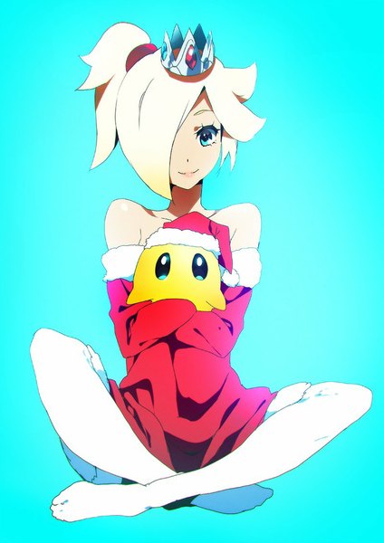 Anime picture 800x1131 with super mario bros. super mario galaxy rosetta (mario) chiko (mario) tom skender single tall image fringe short hair blue eyes blonde hair simple background smile sitting bare shoulders ponytail long sleeves hair over one eye no shoes crossed legs