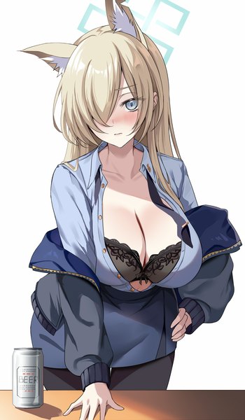 Anime picture 1000x1716 with blue archive kanna (blue archive) harimoji single long hair tall image blush fringe breasts blue eyes light erotic simple background blonde hair large breasts white background animal ears cleavage hair over one eye leaning leaning forward