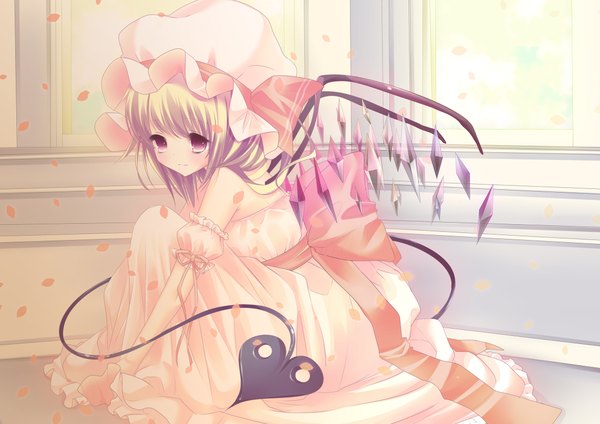 Anime picture 2204x1558 with touhou flandre scarlet shiori (moechin) single highres short hair blonde hair red eyes bare shoulders tail loli girl dress bow weapon petals wings bonnet crystal laevatein (touhou)