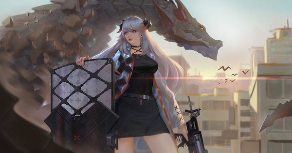 Anime picture 1152x607 with arknights saria (arknights) jangsunyo single long hair fringe hair between eyes wide image standing holding yellow eyes payot looking away sky silver hair outdoors horn (horns) sunlight open jacket covered navel