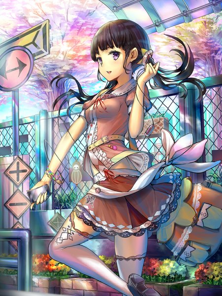 Anime picture 789x1050 with original hourainingyou single long hair tall image looking at viewer open mouth black hair purple eyes cherry blossoms girl thighhighs dress skirt hair ornament flower (flowers) plant (plants) miniskirt tree (trees)