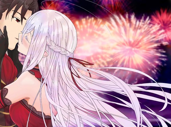 Anime picture 1622x1200 with 86 -eightysix- vladilena millize shinei nouzen song fen zhe long hair blush fringe short hair breasts open mouth black hair hair between eyes red eyes silver hair outdoors braid (braids) eyes closed wind night night sky