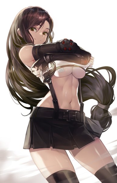 Anime picture 800x1247 with final fantasy final fantasy vii square enix tifa lockhart goomrrat single long hair tall image looking at viewer fringe breasts light erotic black hair simple background smile hair between eyes large breasts standing white background brown eyes