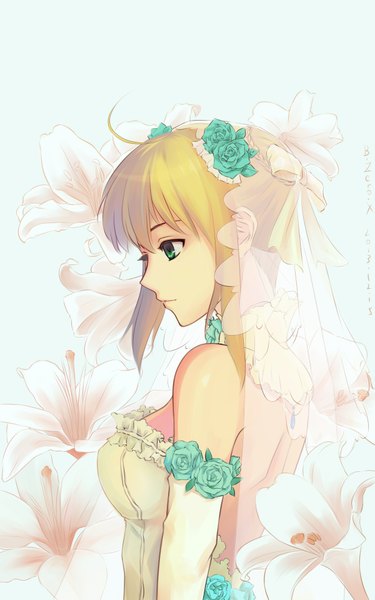 Anime picture 1200x1920 with fate/stay night studio deen artoria pendragon (all) saber bzerox single long hair tall image blonde hair bare shoulders green eyes profile looking down wedding girl dress gloves flower (flowers) wedding dress wedding veil