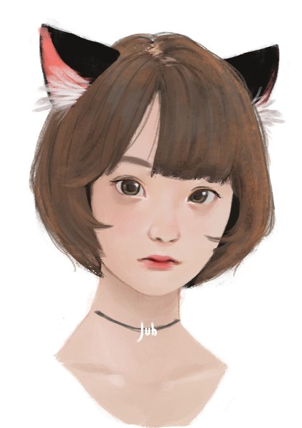 Anime picture 1191x1684 with original hana (jubi) jubi (regiana) single tall image looking at viewer short hair simple background brown hair white background brown eyes signed animal ears cat ears realistic lipstick portrait expressionless pink lipstick bob cut