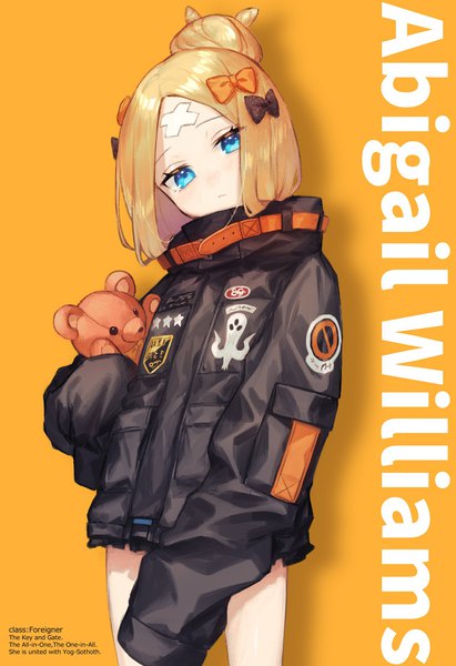 Anime picture 965x1410 with fate (series) fate/grand order abigail williams (fate) usuke (u skeeep) single tall image looking at viewer short hair blue eyes simple background blonde hair long sleeves head tilt hair bun (hair buns) character names orange background bandaid on face girl bow hair bow