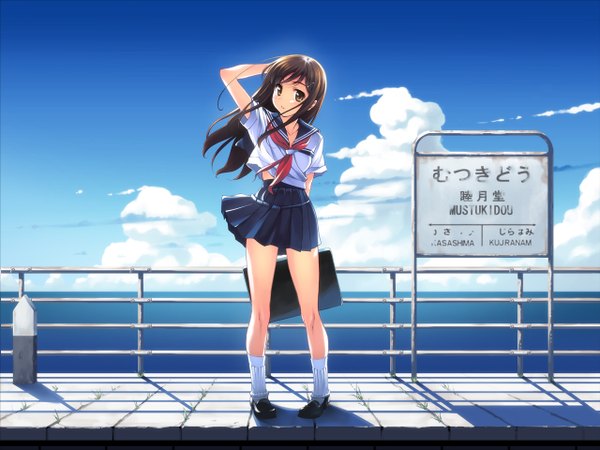 Anime picture 1280x960 with long hair looking at viewer blush brown hair brown eyes yellow eyes sky inscription hand on head wind lift uniform school uniform miniskirt socks sea white socks briefcase placard