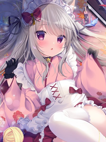 Anime picture 700x941 with original shibainu niki single long hair tall image looking at viewer blush open mouth purple eyes animal ears silver hair lying traditional clothes japanese clothes cat ears wide sleeves :o maid cat girl on back