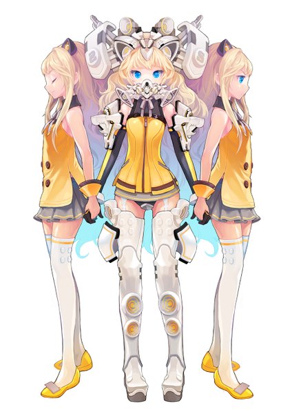 Anime picture 1000x1414 with vocaloid seeu sereneandsilent long hair tall image looking at viewer blue eyes blonde hair bare shoulders multiple girls animal ears eyes closed profile light smile cat ears holding hands multiple persona girl thighhighs gloves