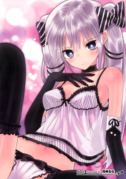 Anime picture 2469x3500 with original tsukigami luna single long hair tall image looking at viewer blush highres blue eyes light erotic twintails bare shoulders cleavage silver hair girl thighhighs gloves navel underwear panties