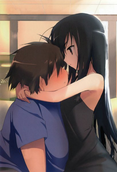 Anime picture 817x1200 with accel world sunrise (studio) kuroyukihime arita haruyuki jayage5ds long hair tall image blush short hair breasts open mouth black hair brown hair bare shoulders brown eyes ahoge indoors black eyes armpit (armpits) embarrassed