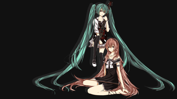 Anime picture 1600x900 with vocaloid hatsune miku megurine luka yumeko (tokiti) blue eyes simple background wide image sitting twintails bare shoulders multiple girls pink hair very long hair barefoot aqua hair dark background girl thighhighs dress black thighhighs