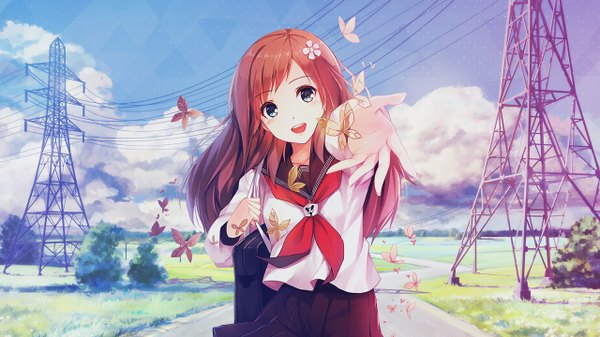 Anime picture 1280x720 with original aki (caidychen) arsenixc caidychen single long hair looking at viewer blush fringe open mouth blue eyes smile wide image standing sky cloud (clouds) upper body outdoors head tilt :d