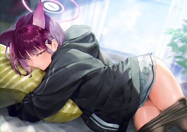 Anime picture 3530x2500 with blue archive kazusa (blue archive) kuroi suna single looking at viewer fringe highres short hair light erotic red eyes animal ears absurdres purple hair indoors lying blunt bangs light smile sunlight on side extra ears