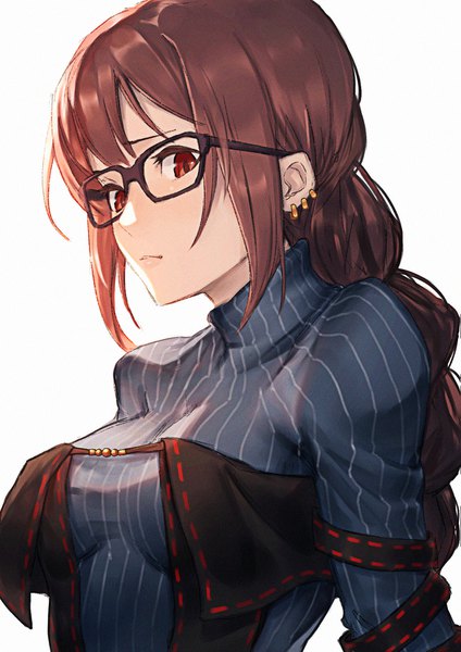 Anime picture 1191x1684 with fate (series) fate/grand order yu mei-ren (fate) botamochi single long hair tall image looking at viewer fringe breasts simple background red eyes brown hair white background payot upper body braid (braids) piercing single braid portrait