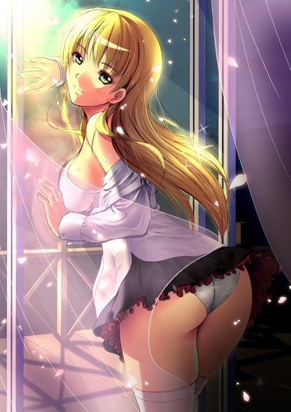 Anime picture 2480x3507 with original soyokaze single long hair tall image highres light erotic blonde hair green eyes pantyshot girl thighhighs underwear panties miniskirt petals white thighhighs