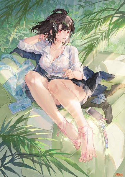 Anime picture 1131x1600 with original atdan single tall image looking at viewer blush fringe short hair breasts light erotic black hair red eyes sitting signed full body bent knee (knees) outdoors parted lips pleated skirt barefoot