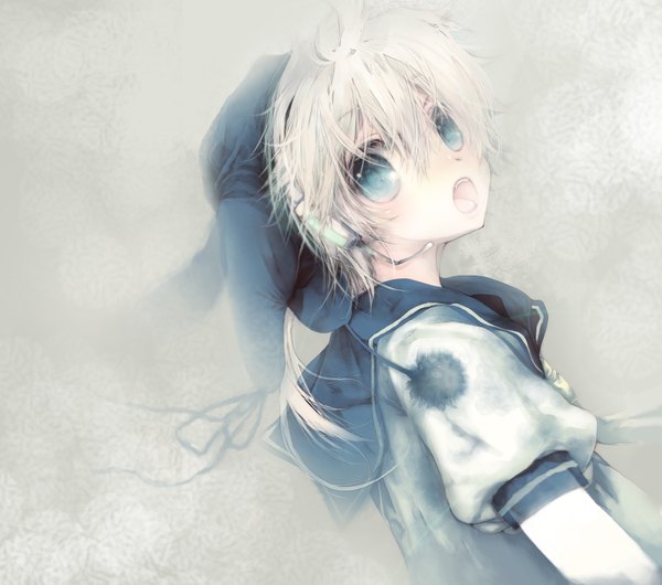 Anime picture 1665x1473 with vocaloid kagamine len ooki bonta single short hair blue eyes white hair boy ribbon (ribbons) hat headphones