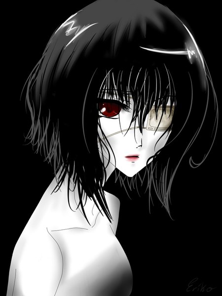 Anime picture 3000x4000 with another p.a. works misaki mei eriko201 single tall image blush highres short hair light erotic red eyes bare shoulders signed black background girl eyepatch