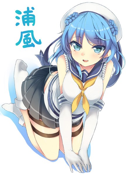 Anime picture 900x1220 with kantai collection urakaze destroyer haruyuki (yukichasoba) single tall image looking at viewer short hair breasts open mouth blue eyes blue hair pleated skirt on all fours breast press girl skirt gloves ribbon (ribbons) miniskirt socks
