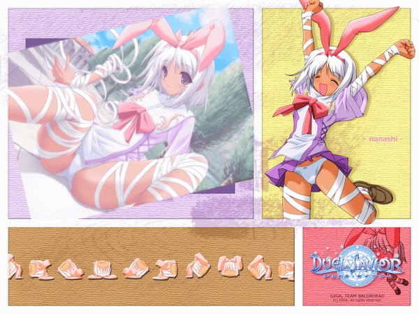 Anime picture 1280x960 with light erotic smile purple eyes animal ears grey hair bunny girl girl skirt underwear panties ribbon (ribbons) duel savior
