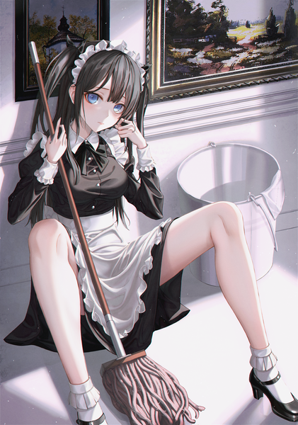 Anime picture 3440x4900 with original eichi (skskdi12z) single long hair tall image looking at viewer blush fringe highres breasts blue eyes black hair hair between eyes holding absurdres bent knee (knees) indoors head tilt shadow maid