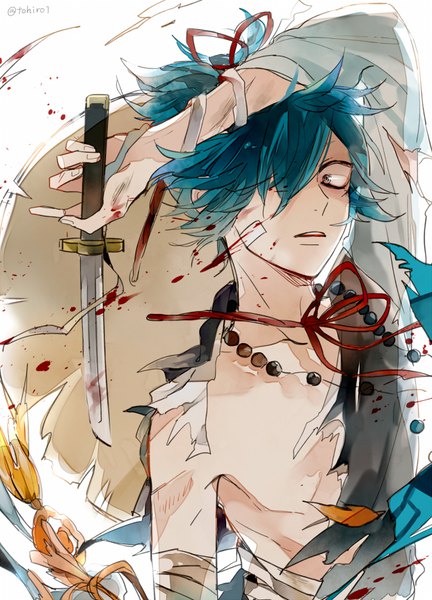 Anime picture 621x862 with touken ranbu nitroplus sayo samonji shijima tohiro single tall image fringe short hair simple background white background signed blue hair looking away ponytail traditional clothes parted lips japanese clothes arm up black eyes hair over one eye