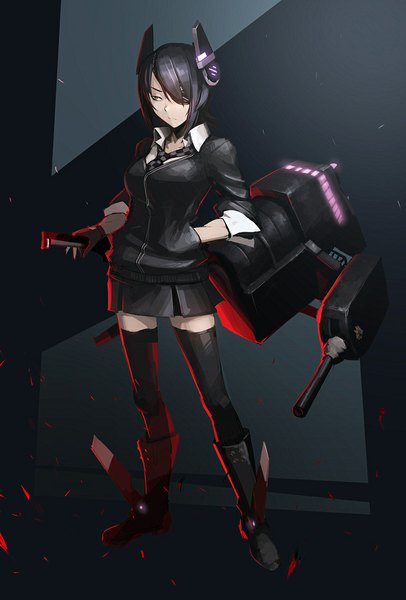 Anime picture 744x1098 with kantai collection tenryuu light cruiser hetza (hellshock) single tall image fringe short hair breasts standing looking away purple hair zettai ryouiki glowing hand in pocket girl thighhighs skirt gloves black thighhighs shirt