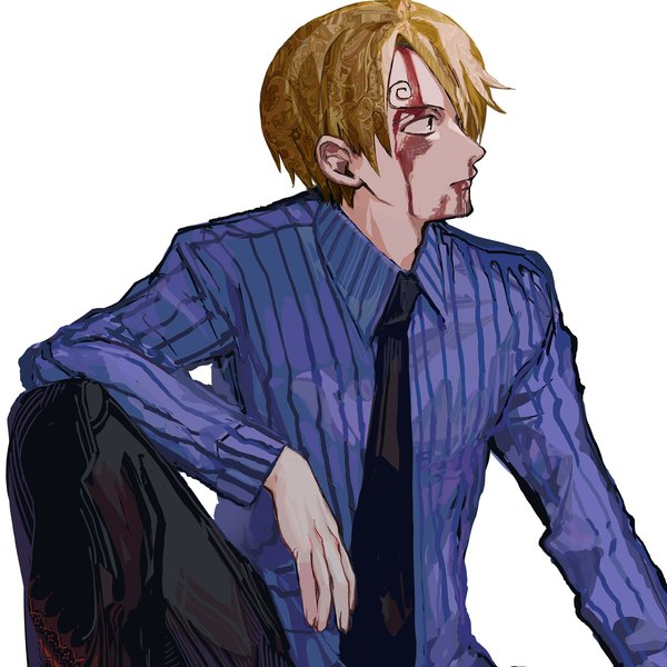 Anime picture 1773x1773 with one piece toei animation sanji yadu nadu single fringe highres short hair simple background blonde hair white background sitting looking away hair over one eye eyebrows blood on face bleeding boy shirt necktie