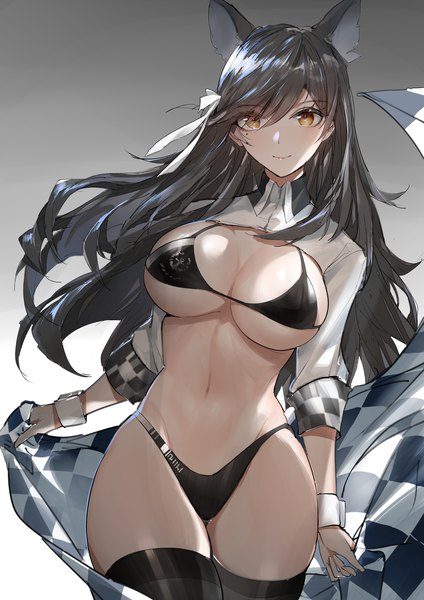 Anime picture 2894x4093 with azur lane atago (azur lane) atago (stunning speedster) (azur lane) horz single long hair tall image looking at viewer fringe highres breasts light erotic black hair simple background smile hair between eyes large breasts standing brown eyes animal ears