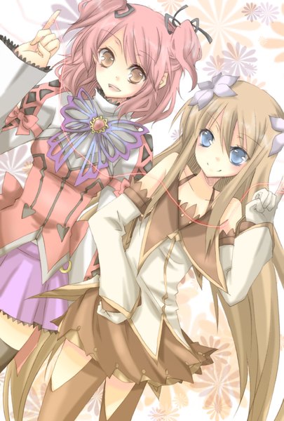Anime picture 1181x1748 with tales of (series) tales of symphonia tales of graces cheria barnes marta lualdi long hair tall image open mouth blue eyes blonde hair smile bare shoulders multiple girls yellow eyes red hair girl dress hair ornament ribbon (ribbons) 2 girls