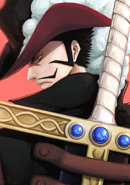 Anime picture 1100x1555 with one piece toei animation dracule mihawk yan xiao qi single tall image looking at viewer short hair black hair simple background yellow eyes upper body profile looking back from behind fur trim shaded face boy weapon hat