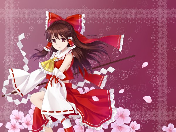Anime picture 1600x1200 with touhou hakurei reimu tucana single long hair looking at viewer red eyes brown hair half updo miko girl skirt flower (flowers) bow hair bow detached sleeves petals skirt set