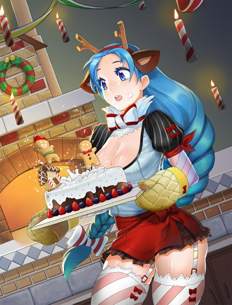 Anime picture 800x1053 with bling single long hair tall image blue eyes light erotic blue hair christmas merry christmas girl thighhighs skirt sweets garter straps striped thighhighs cake