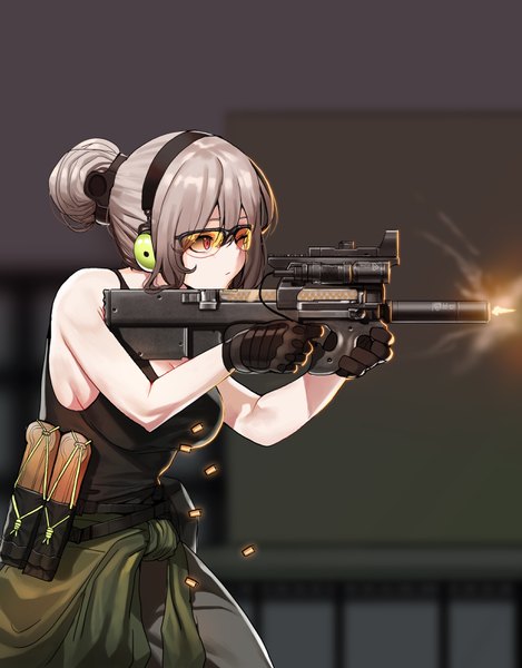 Anime picture 2480x3172 with girls frontline p90 (girls frontline) ihobus single tall image fringe highres short hair breasts hair between eyes red eyes standing holding payot looking away one eye closed grey hair hair bun (hair buns) clothes around waist girl