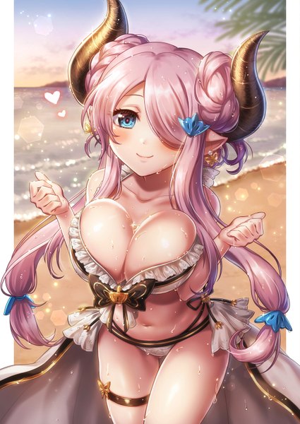 Anime picture 1032x1457 with granblue fantasy narmaya (granblue fantasy) narmaya (summer) (granblue fantasy) mika (1020mk) single long hair tall image looking at viewer blush fringe breasts blue eyes light erotic smile large breasts standing twintails bare shoulders payot pink hair