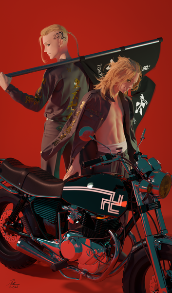 Anime picture 2354x4000 with tokyo revengers sano manjirou ryuuguuji ken nazumu (user jnse8833) tall image highres short hair simple background blonde hair standing profile black eyes multiple boys tattoo red background clothes on shoulders boy uniform 2 boys ground vehicle